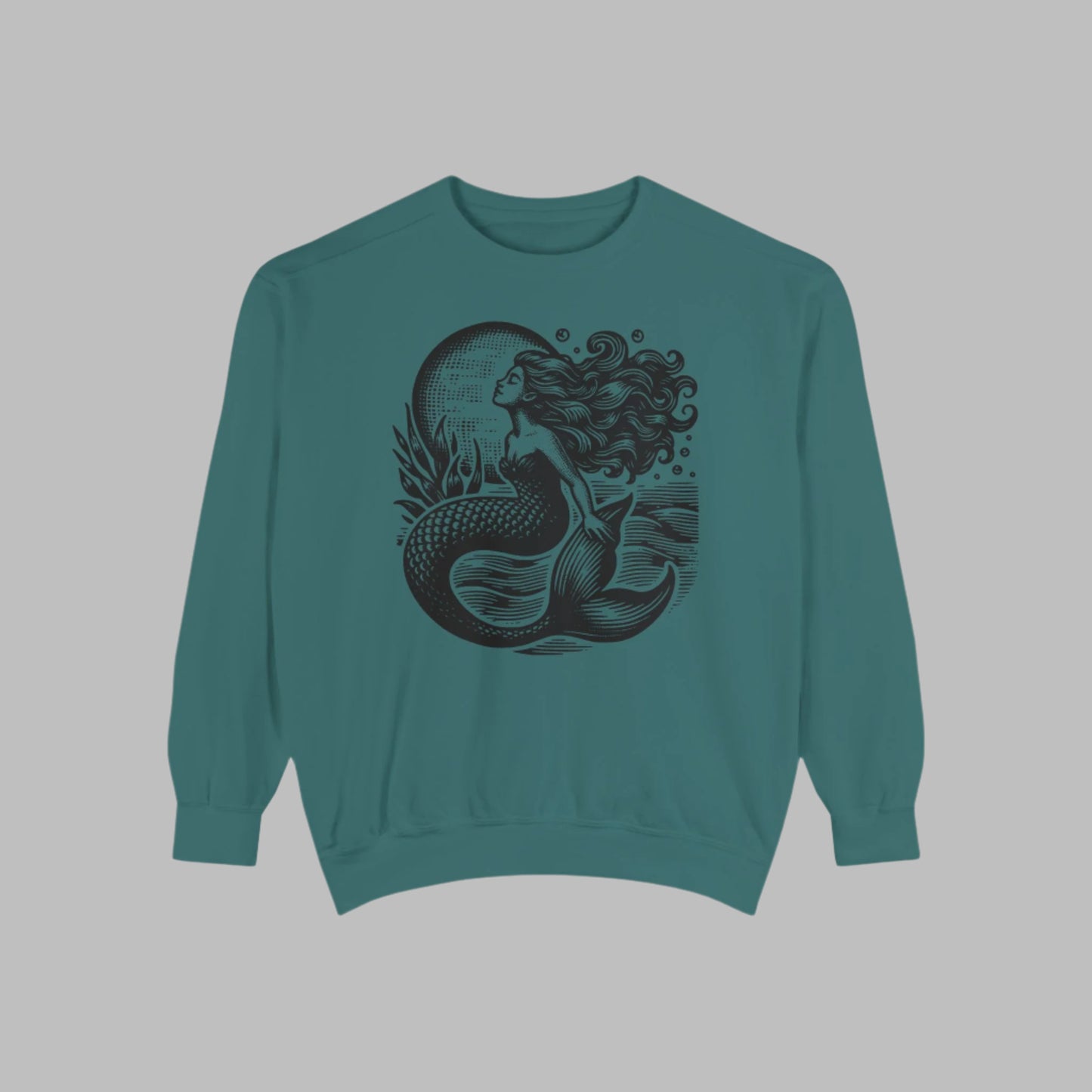 Image: Mermaid  Sweatshirt, Vintage Ocean Vibes Sweatshirt. Pullover crewneck features large black graphic with mermaid in front of the moon, in the ocean waves. Gift for women and teens who love a vintage ocean aesthetic and mermaidcore, by jaecrece