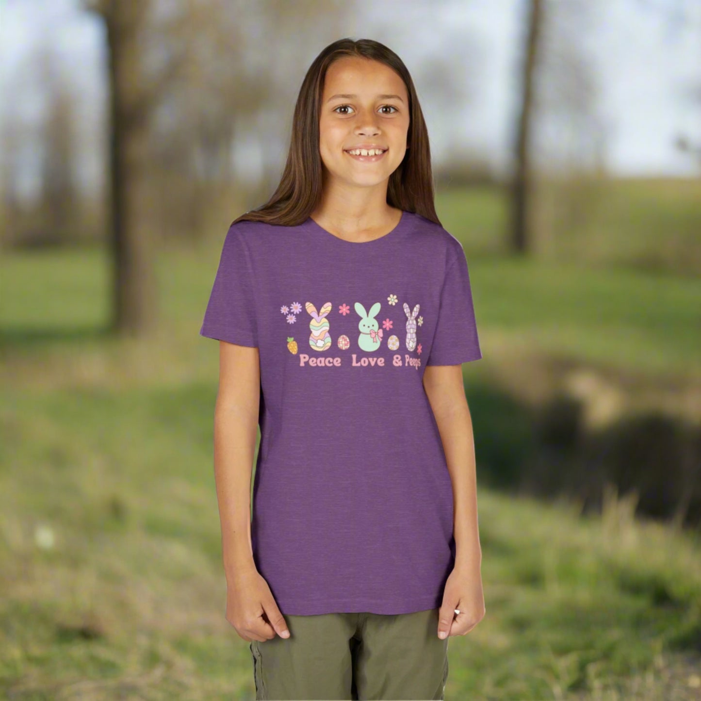 Image: Peace Love and Peeps Easter Shirt for Adults and Children. This Mommy and Me Match Easter Tee features Peeps Easter Candy with Easter Eggs and Daisies. A great Easter shirt for your family holiday celebrations, by jaecrece