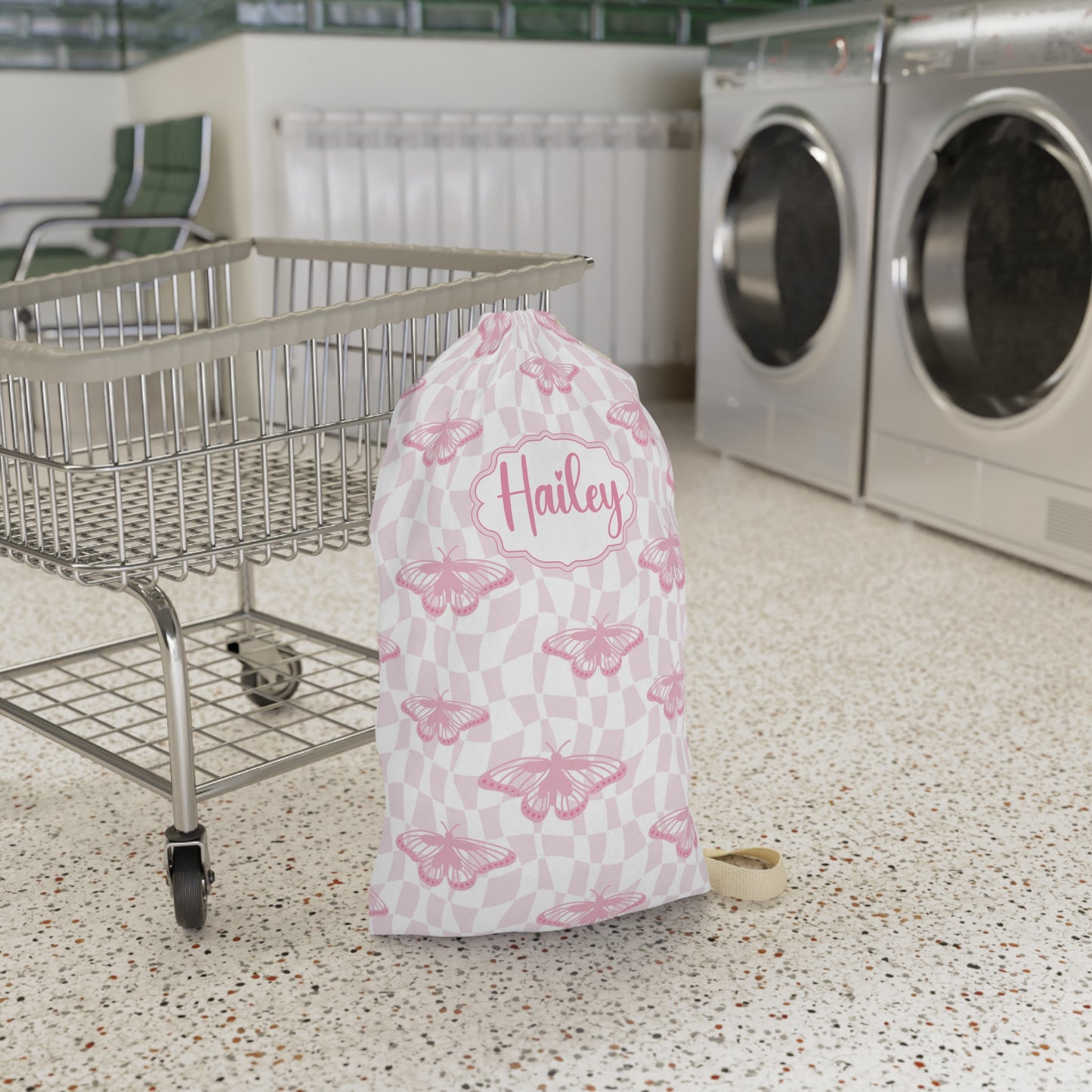 Pink Butterfly Pattern Laundry Bag | Personalized Name Option
