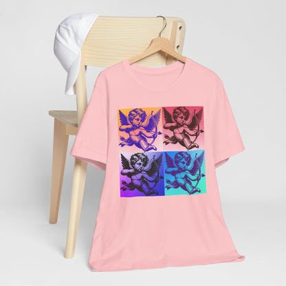 Cute and comfy adult Valentine shirt with Cupid graphic, inspired by retro pop art style. Featuring a dreamy pastel cloud scene, this shirt fits XS–5XL and comes in black, white, or pink. Ideal for artsy types, couples, and families who want to match across generations. This design is also perfect for coquette aesthetic lovers looking for a bold statement tee with softness and comfort.