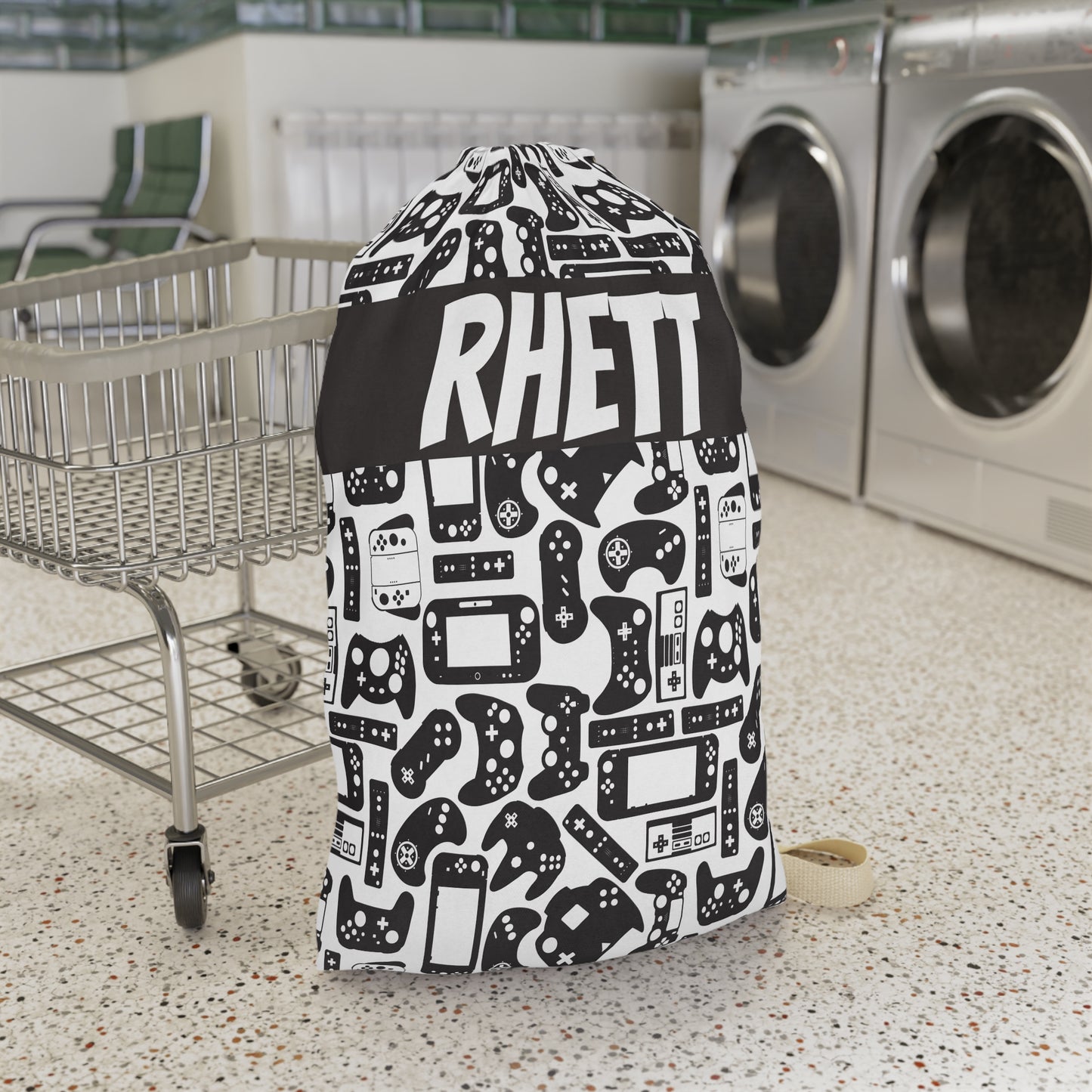 Black & White Gamer Laundry Bag, Custom Name Drawstring Laundry Bag