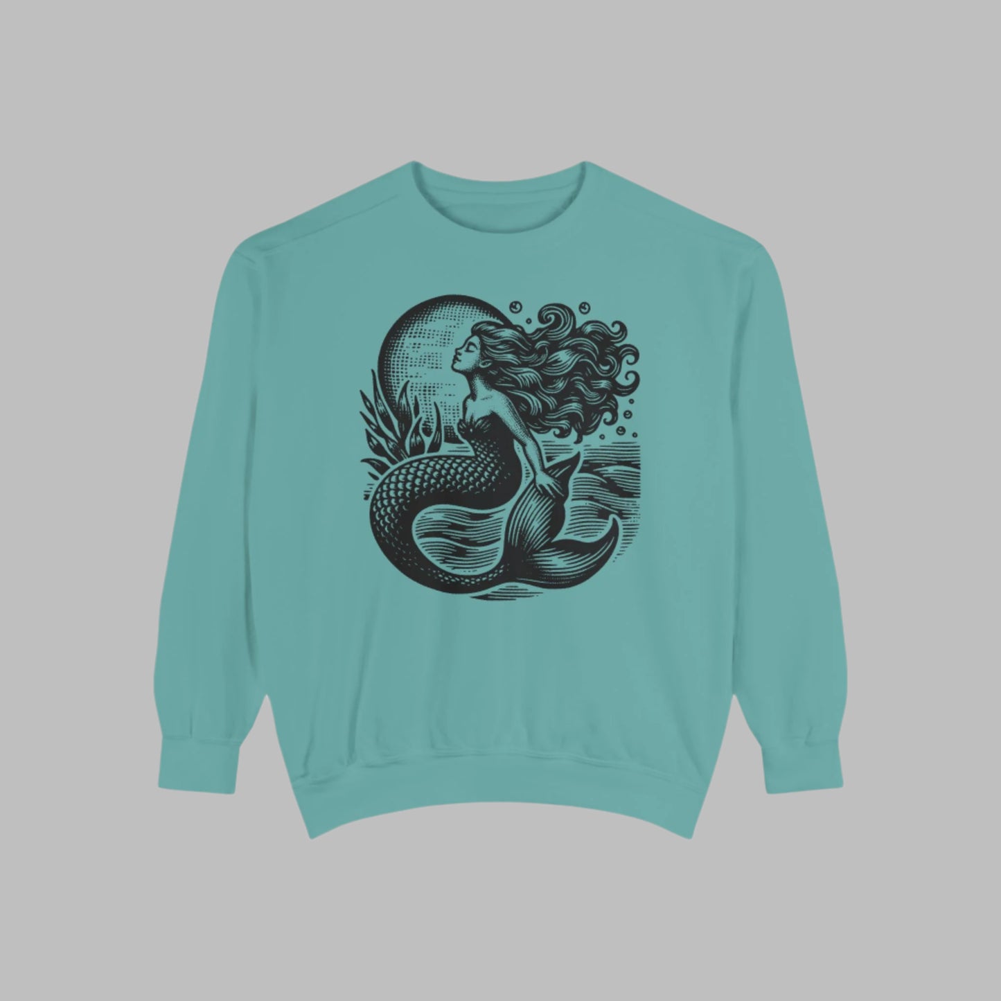 Image: Mermaid  Sweatshirt, Vintage Ocean Vibes Sweatshirt. Pullover crewneck features large black graphic with mermaid in front of the moon, in the ocean waves. Gift for women and teens who love a vintage ocean aesthetic and mermaidcore, by jaecrece