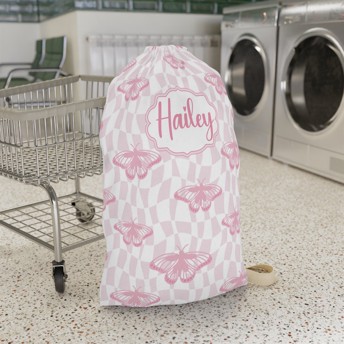 Pink Butterfly Pattern Laundry Bag | Personalized Name Option