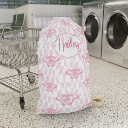 Pink Butterfly Pattern Laundry Bag | Personalized Name Option