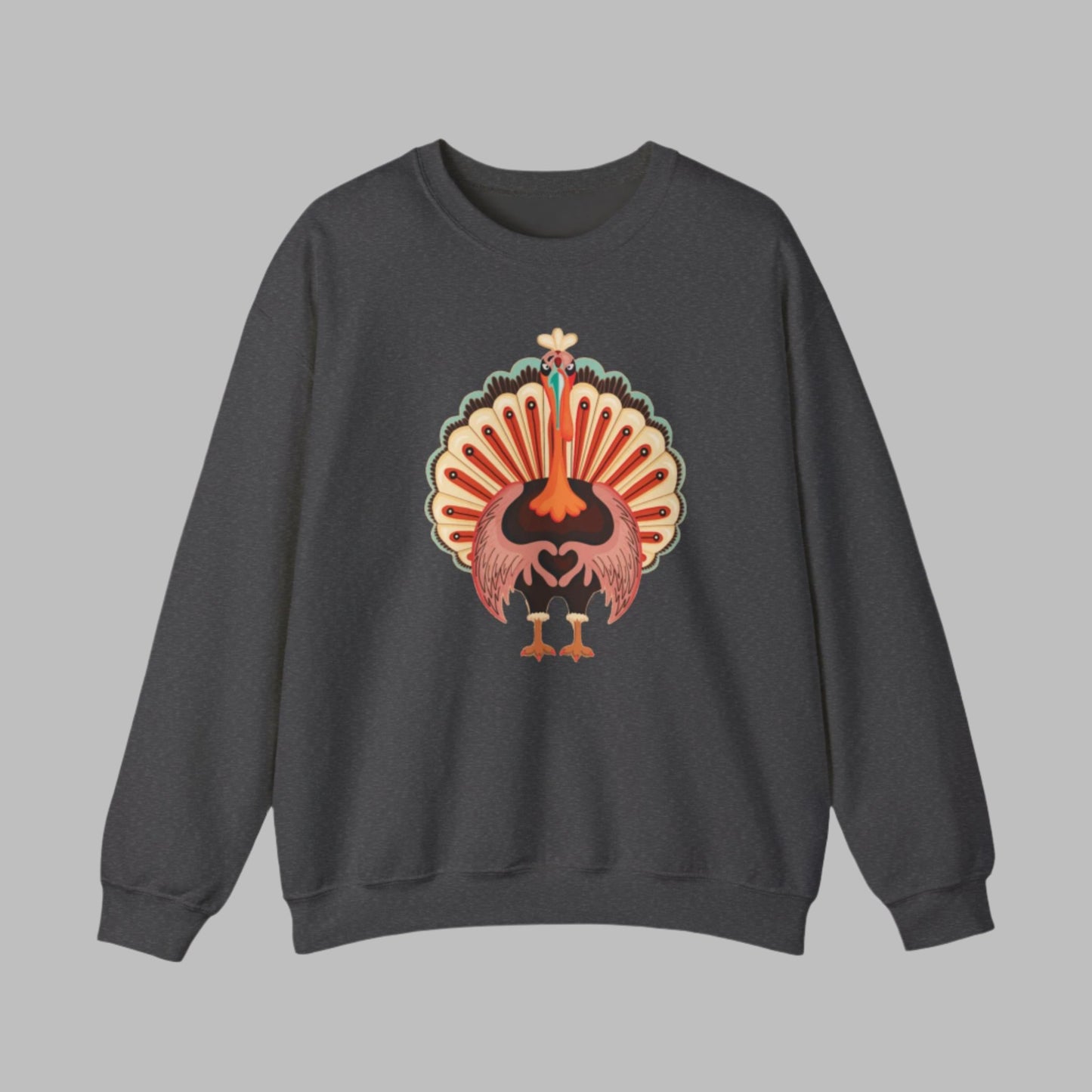 Image: Turkey Day Sweatshirt in Womens Sizes. This Turkey Day Sweater features a large Turkey making the love sign with his hands. This cozy pullover makes a perfect gift, by jaecrece