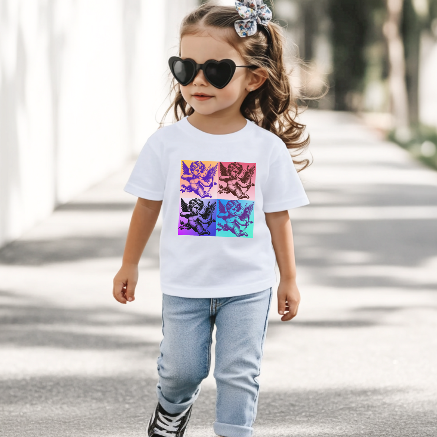 This Pop Art Cupid Toddler T-shirt in sizes 2T-5T features a playful, vintage-inspired Cupid graphic floating in the clouds, capturing the essence of retro pop culture. Available in Black, White, and Pink, it’s the perfect addition to any toddler's wardrobe, offering a stylish and artsy look. Made with soft, breathable fabric, this shirt is ideal for casual wear, family matching outfits, or expressing a fun, artsy fashion sense year-round.

