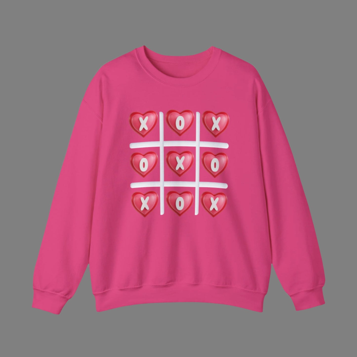 Image: XOXO Sweatshirt in Hot Pink, this crewneck pullover features a tic tac toe graphic with XOXO in 3D Conversation Hearts. Ideal as a teen gift for her or Galentines day. Available in Hot pink, light pink and black, by jaecrece