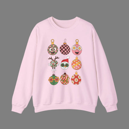 This ladies holiday sweatshirt features 9 different Retro Christmas, such as disco balls, snowmen, reindeer and daisies.  Ornament Sweatshirt, Vintage Xmas Shirt, Groovy Holiday Pullover, Boyfriend Crewneck, Festive Checkerboard Sweater, by jaecrece