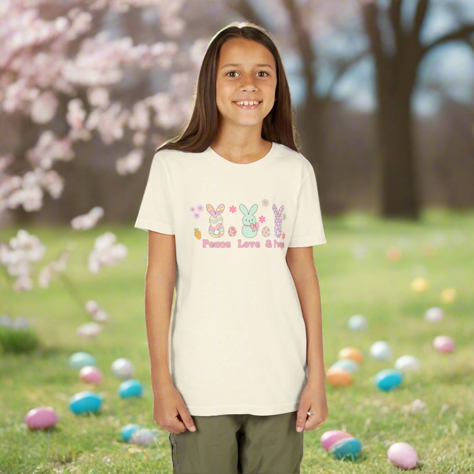 Image: Peace Love and Peeps Easter Shirt for Adults and Children. This Mommy and Me Match Easter Tee features Peeps Easter Candy with Easter Eggs and Daisies. A great Easter shirt for your family holiday celebrations, by jaecrece