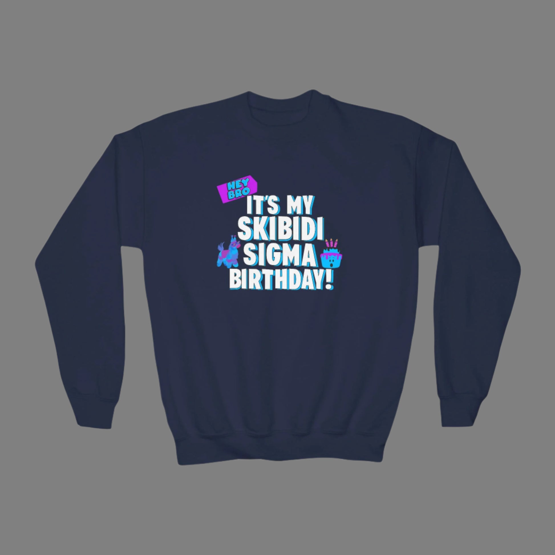 Image: Skibidi Sigma Birthday shirt for Boys and Girls. This tshirt says Hey Bro, its my Skibidi Sigma Birthday with a llama pinata and a birthday cake, by jaecrece