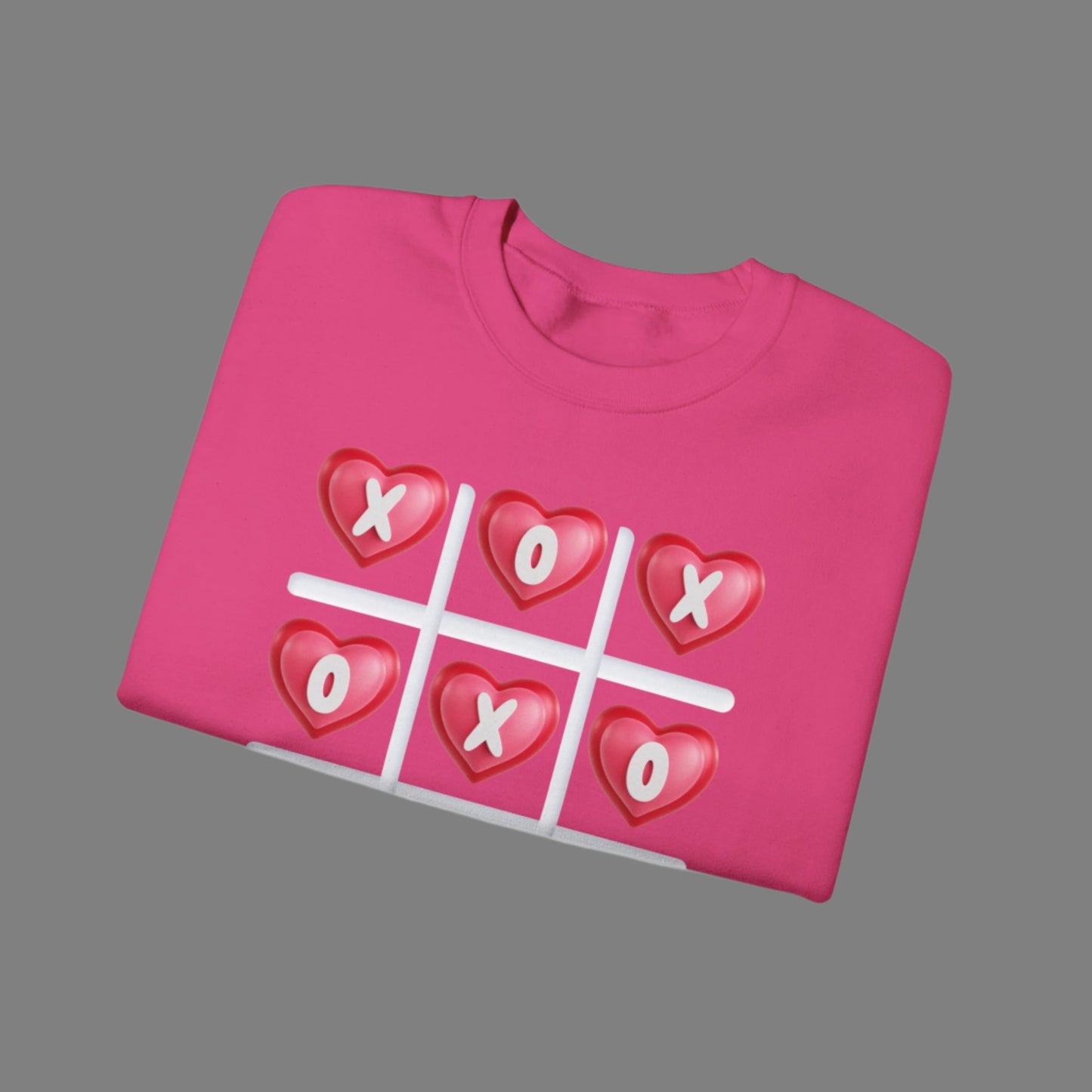 Image: XOXO Sweatshirt in Hot Pink, this crewneck pullover features a tic tac toe graphic with XOXO in 3D Conversation Hearts. Ideal as a teen gift for her or Galentines day. Available in Hot pink, light pink and black, by jaecrece