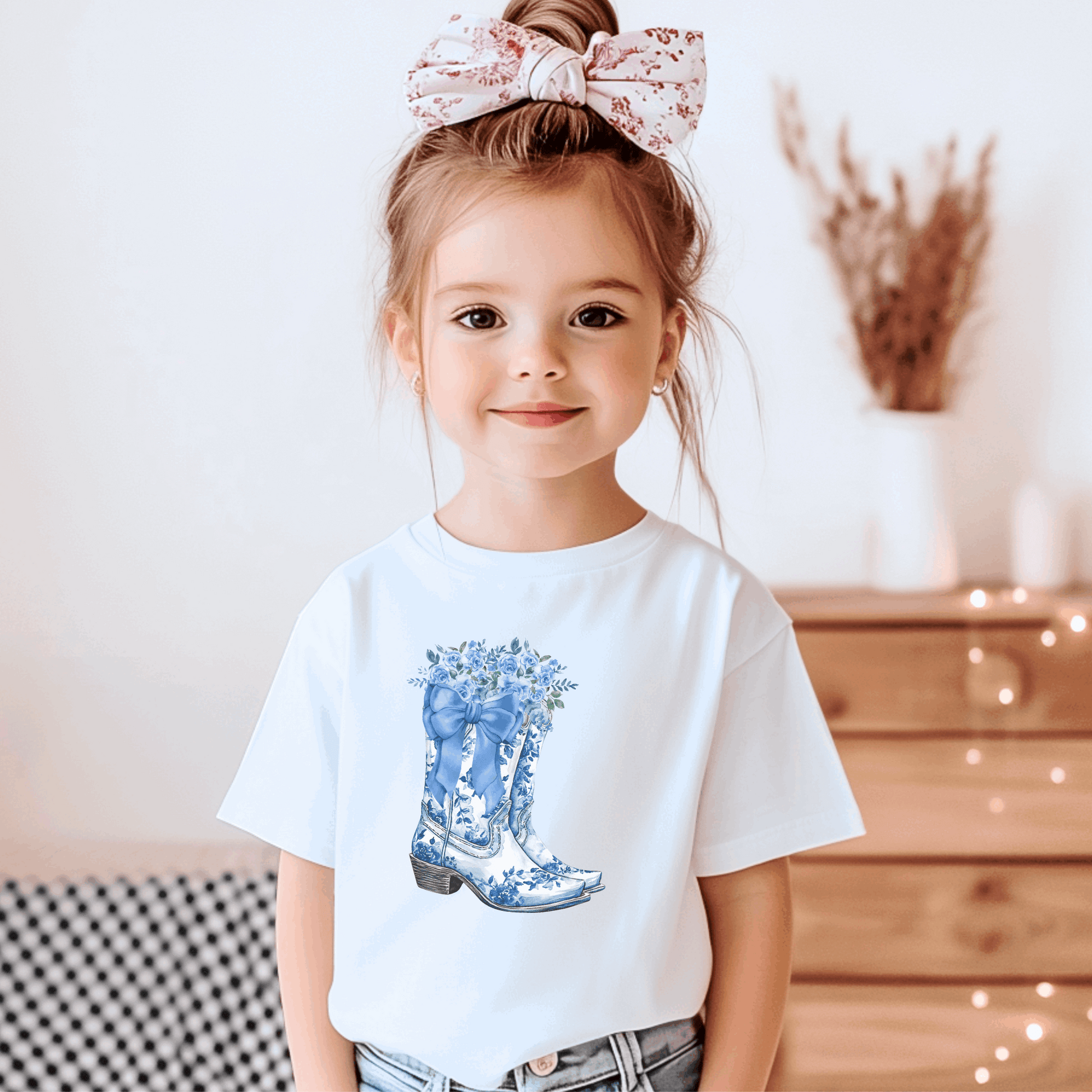 Capture Southern charm with this Blue Toile Floral Cowboy Boots Toddler Tee, designed for toddlers who love a soft western aesthetic. The blue toile print and vintage cowgirl boot graphic make it a standout piece for country fairs, rodeos, or birthday photos. This toddler cowgirl shirt fits the trending soft girl aesthetic and pairs perfectly with ruffle skirts or jeans. A boutique western tee for stylish toddlers and their bougie mamas.
