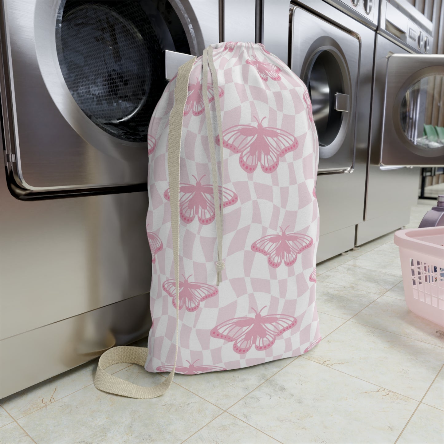 Pink Butterfly Pattern Laundry Bag | Personalized Name Option