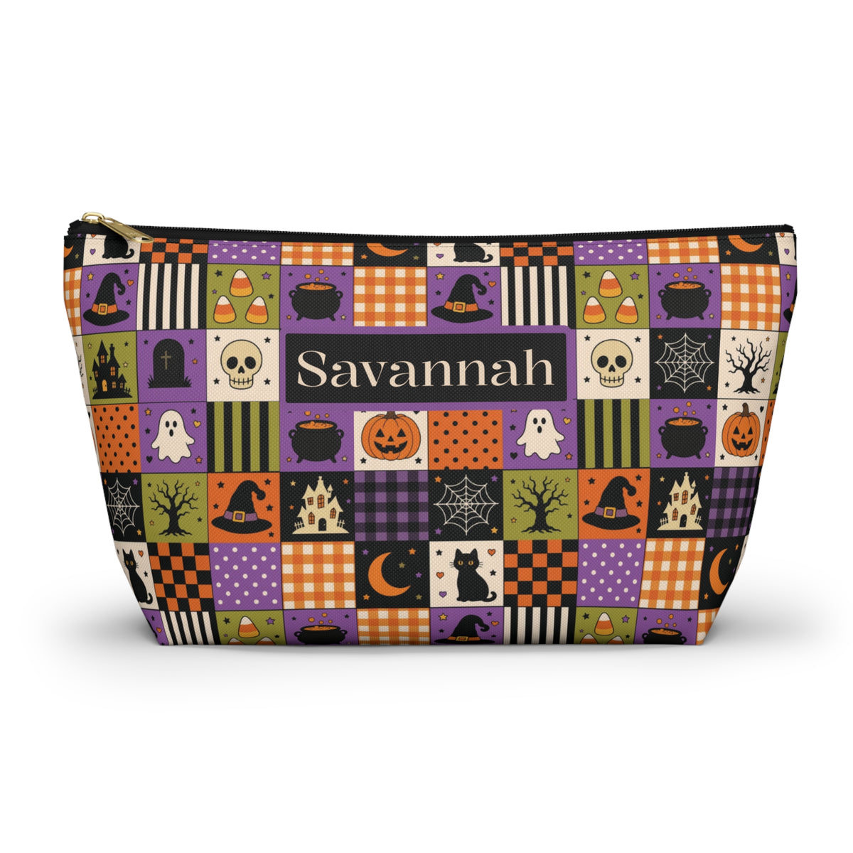 Personalized Halloween Makeup Bag, Vintage Patchwork Toiletry Pouch
