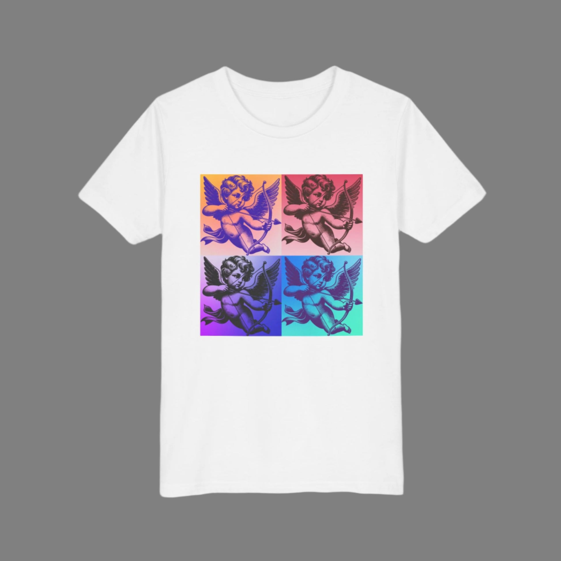 Designed for kids who love edgy, creative style, this pop art Cupid T-shirt in pink, black, or white features a graphic that nods to vintage and modern trends. The vibrant celestial illustration blends soft girl charm and streetwear cool, making it ideal for family photos, casual outings, or Valentine’s Day. Offered in sizes S–XL and also in toddler and adult sizes, it’s a fun, artistic match for the whole family.