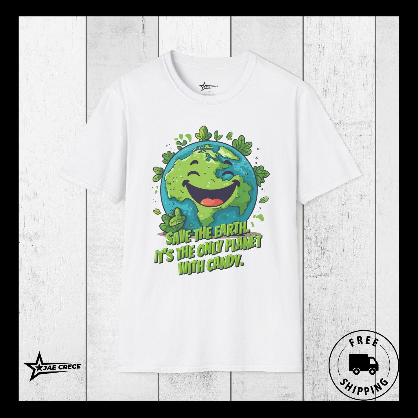 Image: Earth Day tee adult unisex crewneck shirt with large cartoon smiling planet earth, with water and leaves. Text reads Save the Earth! Its the only planet with candy! Makes a great gift and reminder to save our planet, by jaecrece