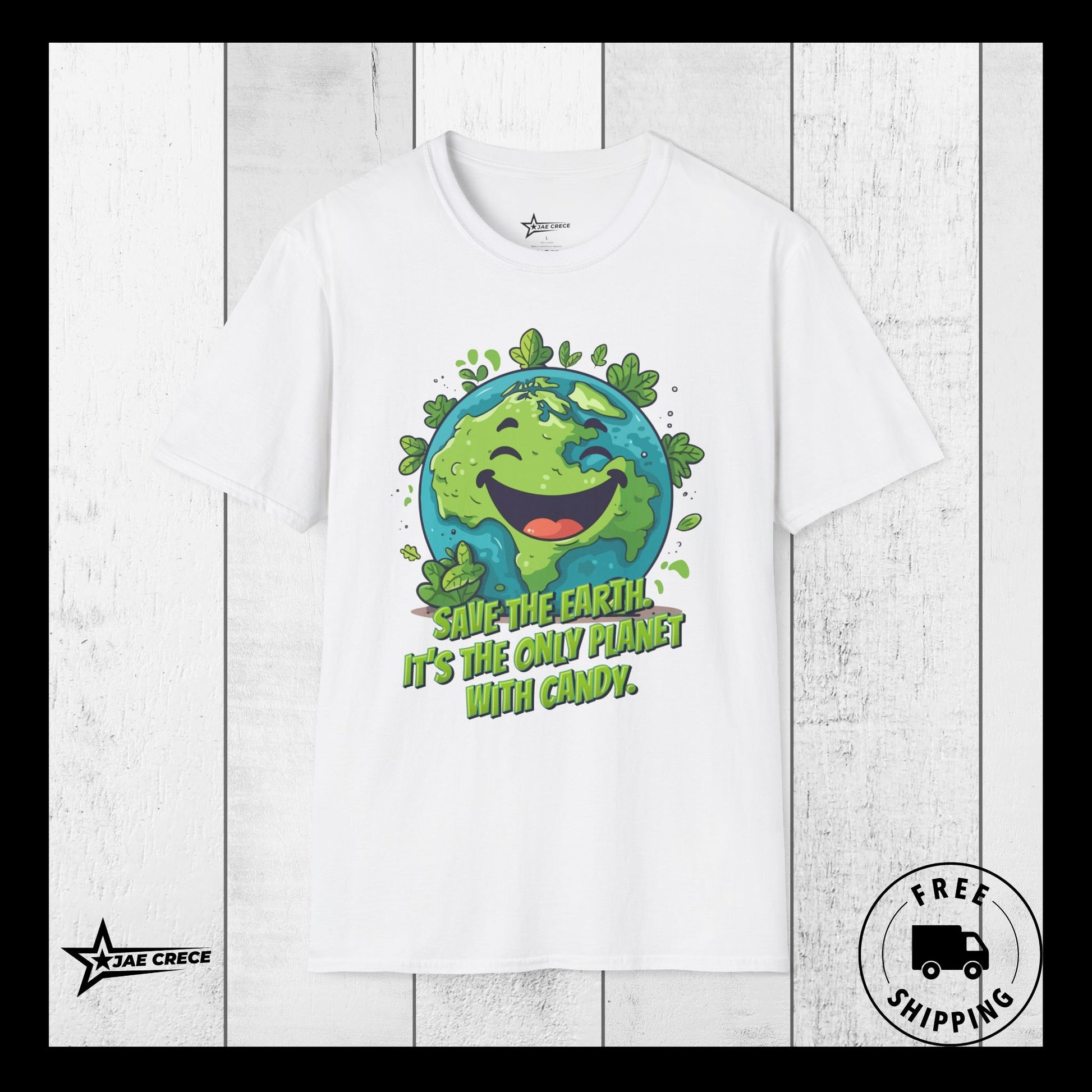 Image: Earth Day tee adult unisex crewneck shirt with large cartoon smiling planet earth, with water and leaves. Text reads Save the Earth! Its the only planet with candy! Makes a great gift and reminder to save our planet, by jaecrece