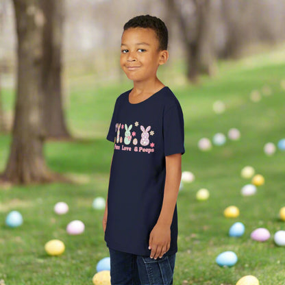 Image: Peace Love and Peeps Easter Shirt for Adults and Children. This Mommy and Me Match Easter Tee features Peeps Easter Candy with Easter Eggs and Daisies. A great Easter shirt for your family holiday celebrations, by jaecrece