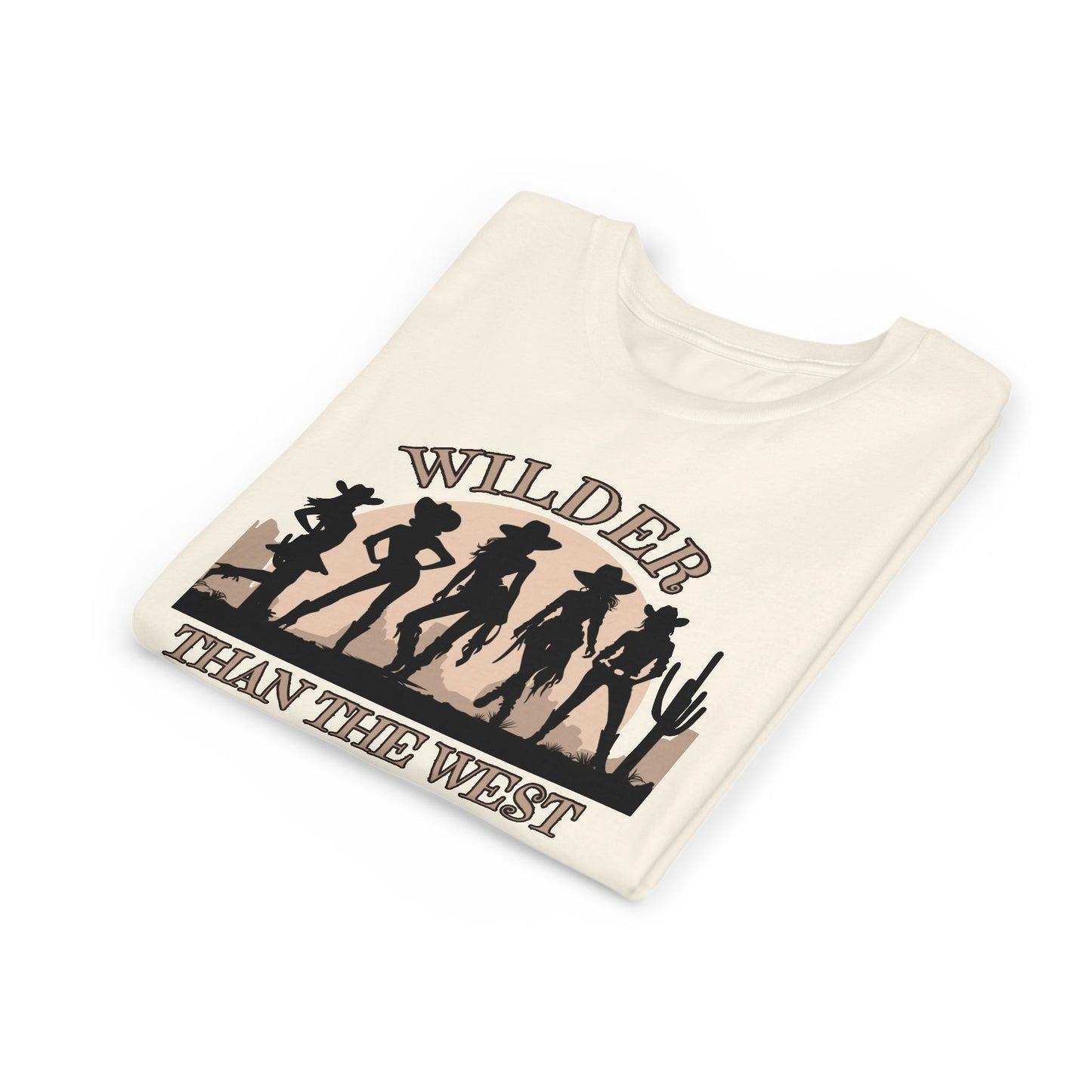 Wilder than the West youth girls tee shows five cowgirls against a desert backdrop and bold sunset. A western cowgirl silhouette shirt with a soft, lived-in look and natural color. Ideal for music festival rodeo events, state fairs, and girls who love a country vibe. This mommy and me match tee for toddlers, girls, and women is perfect for mini horse lovers, coquette outfits, and bachelorette trip groups.