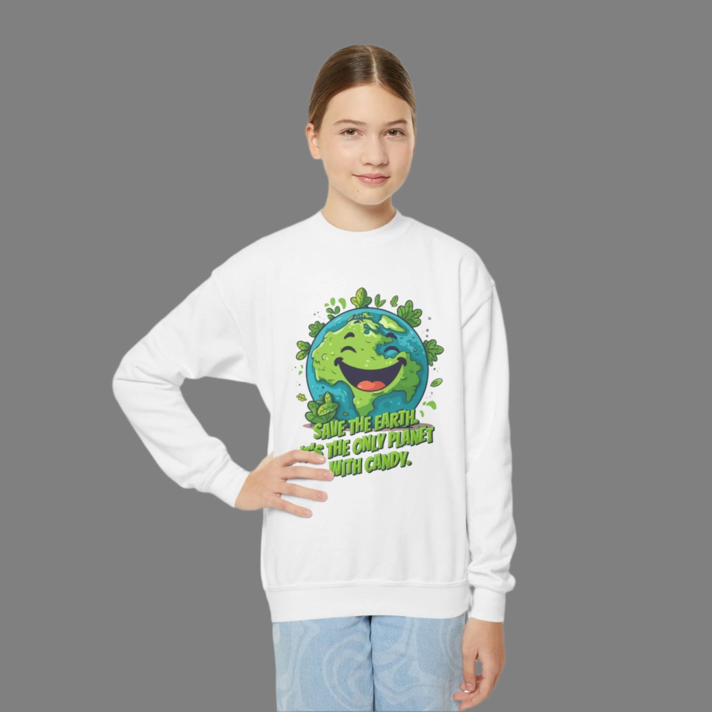 Image: Earth Day kids sweatshirt, available in white, black, grey, forest green and navy. Save the Planet youth unisex crewneck shirt with large cartoon smiling planet earth, with water and leaves. Text reads Save the Earth! Its the only planet with candy! Makes a great gift and reminder to save our planet, by jaecrece