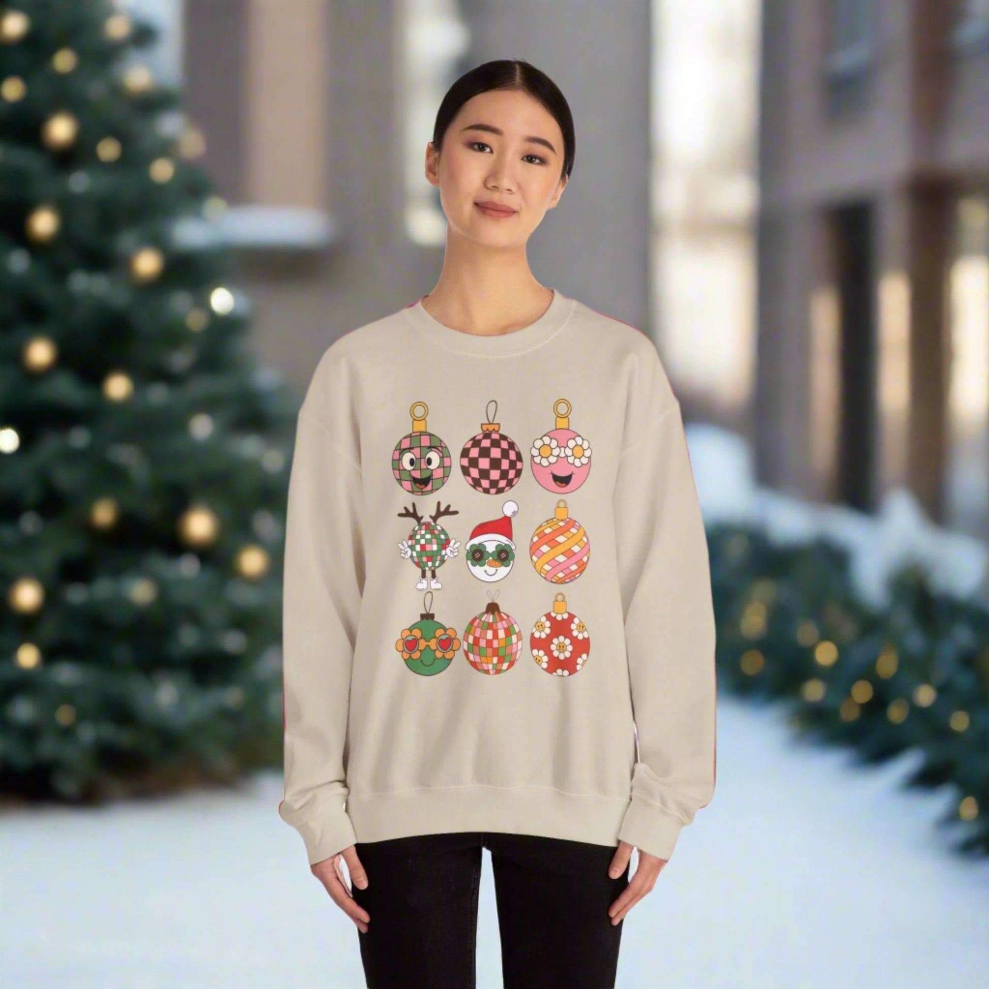 This ladies holiday sweatshirt features 9 different Retro Christmas, such as disco balls, snowmen, reindeer and daisies.  Ornament Sweatshirt, Vintage Xmas Shirt, Groovy Holiday Pullover, Boyfriend Crewneck, Festive Checkerboard Sweater, by jaecrece