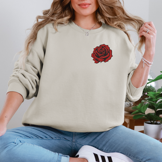 Image: Red Rose Embroidered Sweatshirt, available in Black or Sand. Features a deep red rose with black edges. Perfect for Valentine's Day or a romantic gift, by jaecrece