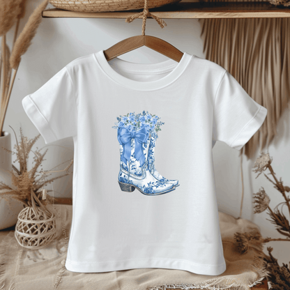 This toddler t-shirt features a unique blue toile floral cowboy boots graphic, blending western vibes with vintage French style. Perfect for toddlers who love playful cowgirl outfits, this tee adds soft girl flair to rodeos, festivals, or everyday wear. Whether you’re dressing your toddler for a Texas fair or a photo shoot, this western-inspired tee brings the bougie mama aesthetic to life in a chic and comfy way.
