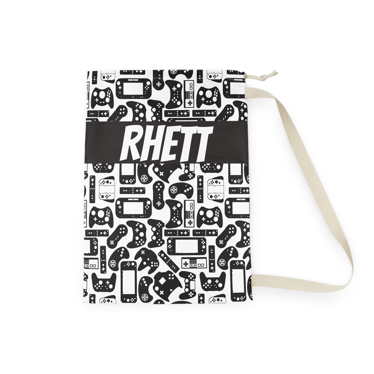 Black & White Gamer Laundry Bag, Custom Name Drawstring Laundry Bag