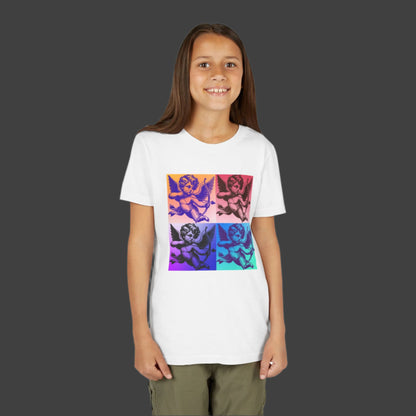 This kids' Cupid Pop Art T-shirt features a bold vintage-inspired graphic of a Cupid in the clouds, channeling a retro art style with modern flair. Perfect for children who love expressive, artsy fashion, this tee fits the aesthetic of pop culture lovers, soft girl era fans, and Valentine-core vibes year-round. Available in black, white, and pink, this stylish top is part of a family matching collection with toddler and adult sizes.

