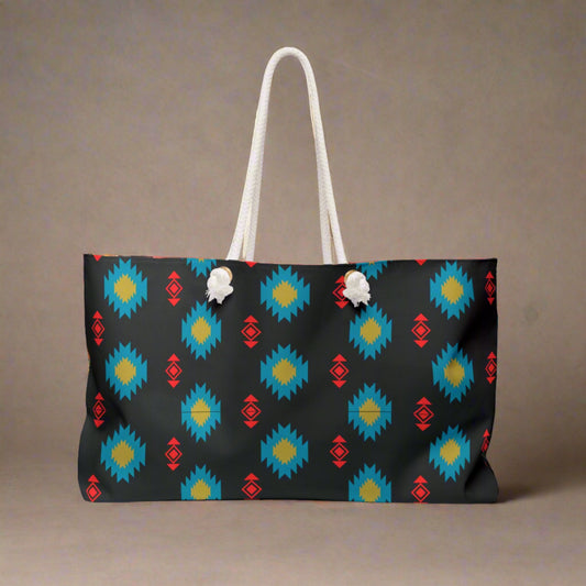 Southwestern Weekender Bag- Black material with red, teal and gold Aztec pattern, by jaecrece.com