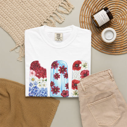 Women's Patriotic Floral T Shirt, Red White & Blue Fourth of July Tee, Matching Family Shirt