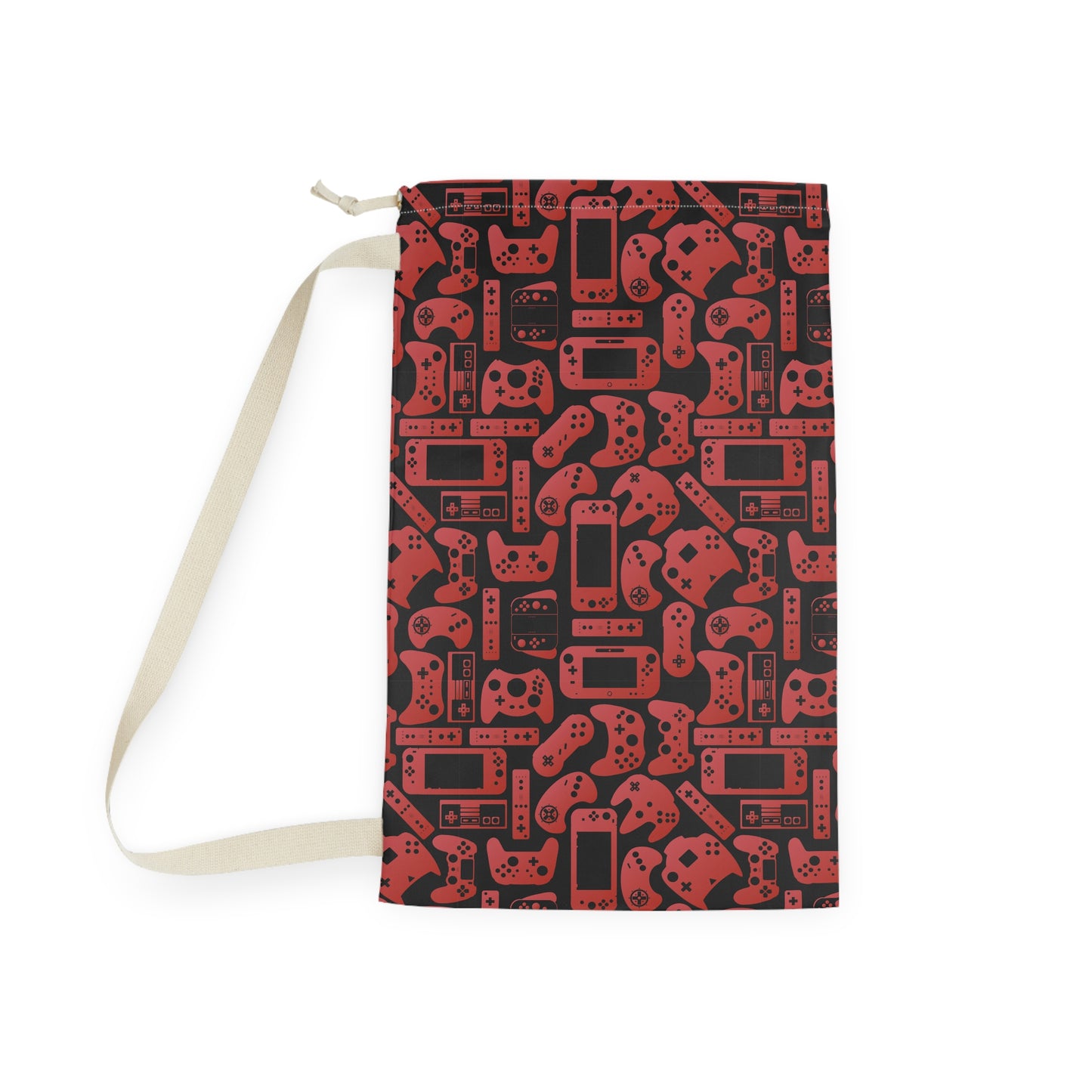 Black & Red Gamer Laundry Bag, Custom Name Drawstring Laundry Bag