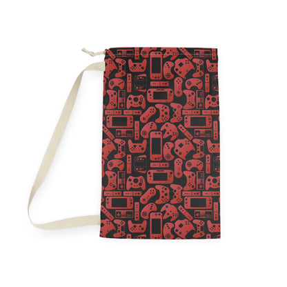 Black & Red Gamer Laundry Bag, Custom Name Drawstring Laundry Bag
