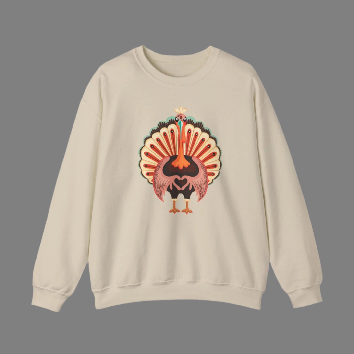 Image: Turkey Day Sweatshirt in Womens Sizes. This Turkey Day Sweater features a large Turkey making the love sign with his hands. This cozy pullover makes a perfect gift, by jaecrece