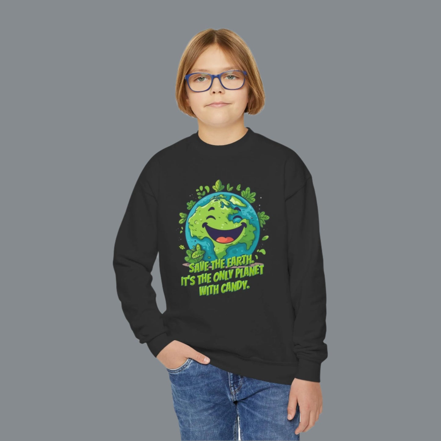 Image: Earth Day kids sweatshirt, available in white, black, grey, forest green and navy. Save the Planet youth unisex crewneck shirt with large cartoon smiling planet earth, with water and leaves. Text reads Save the Earth! Its the only planet with candy! Makes a great gift and reminder to save our planet, by jaecrece