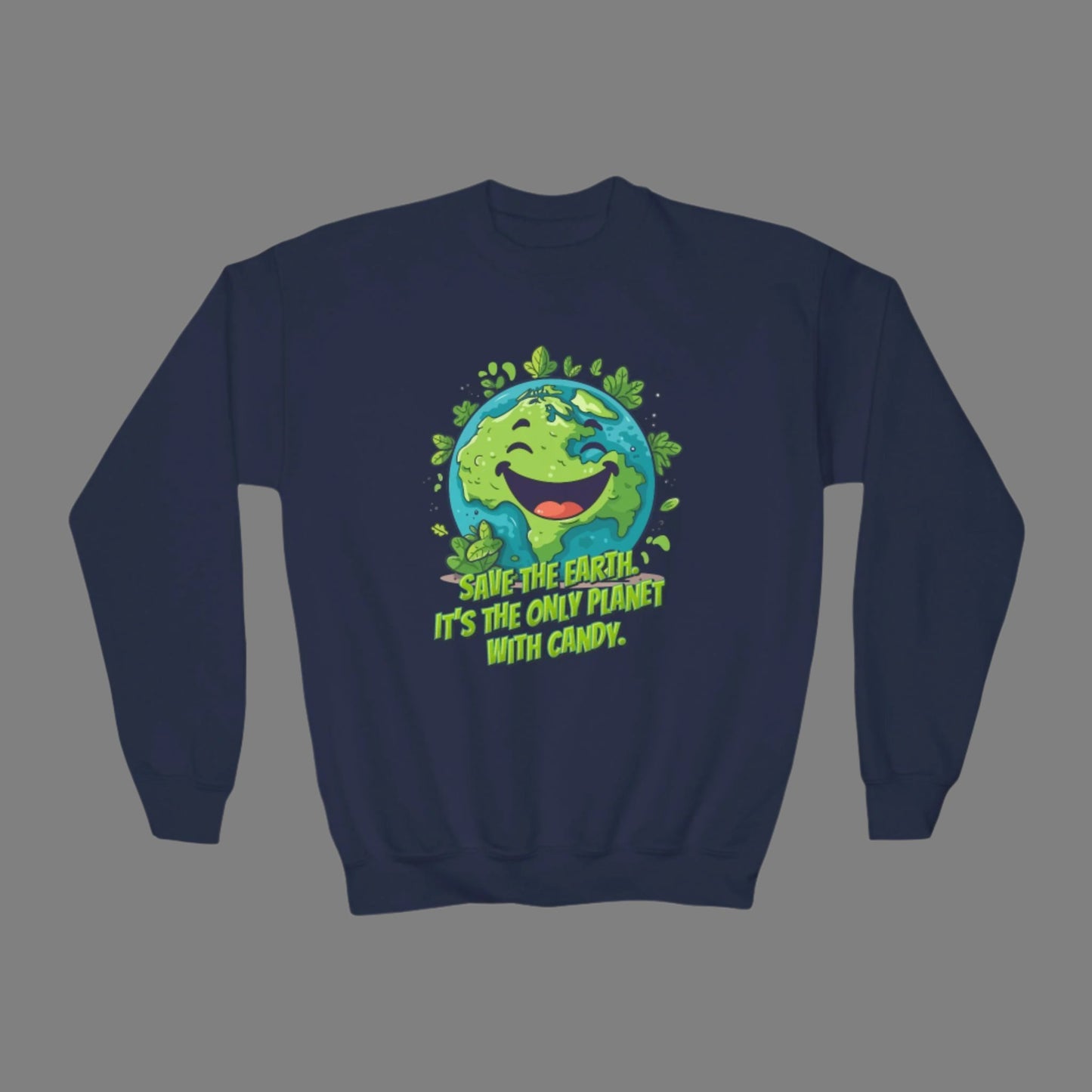 Image: Earth Day kids sweatshirt, available in white, black, grey, forest green and navy. Save the Planet youth unisex crewneck shirt with large cartoon smiling planet earth, with water and leaves. Text reads Save the Earth! Its the only planet with candy! Makes a great gift and reminder to save our planet, by jaecrece