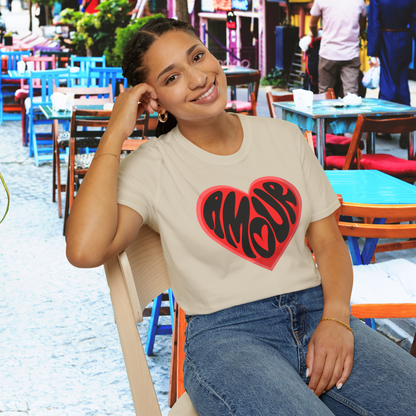 Show your love for Paris with the Amour Love Women’s T-shirt in sizes XS–5XL. Featuring the French word “Amour” in a heart graphic, this coquette aesthetic tee is ideal for Valentine’s Day, Galentine’s, or romantic trips. Great for matching outfits with your daughter or gifting to a Francophile, this soft girl shirt adds charm to casual outings, travel days, and Parisian photo ops.