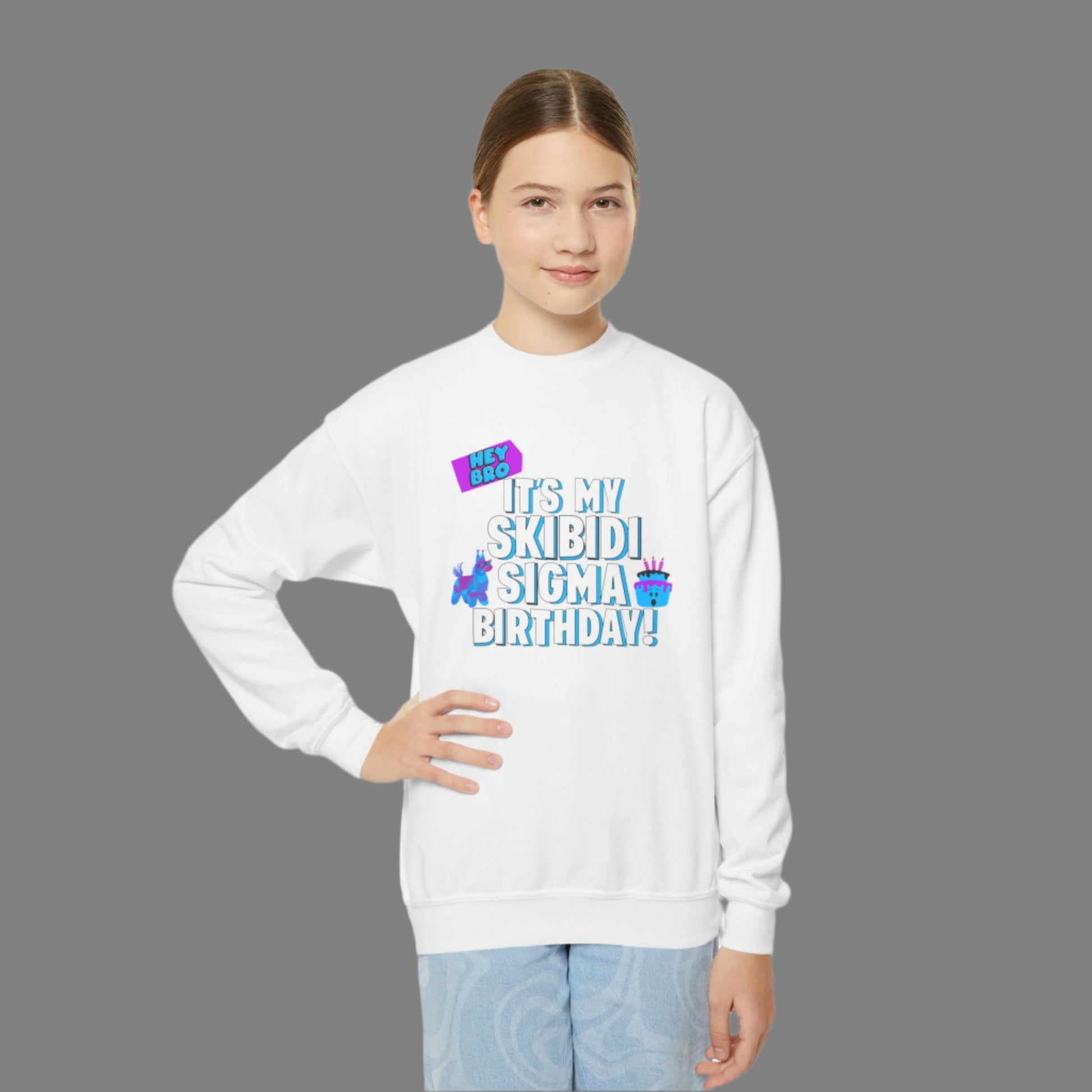 Image: Skibidi Sigma Birthday shirt for Boys and Girls. This tshirt says Hey Bro, its my Skibidi Sigma Birthday with a llama pinata and a birthday cake, by jaecrece