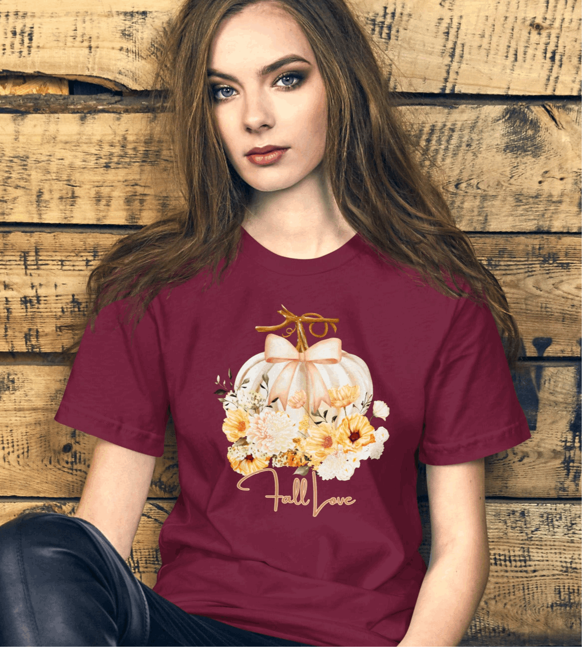 Fall Love Tshirt, featuring a white pumpkin with a peach ribbon, surrounded by fall flowers. The text reads fall, love, by jaecrece.