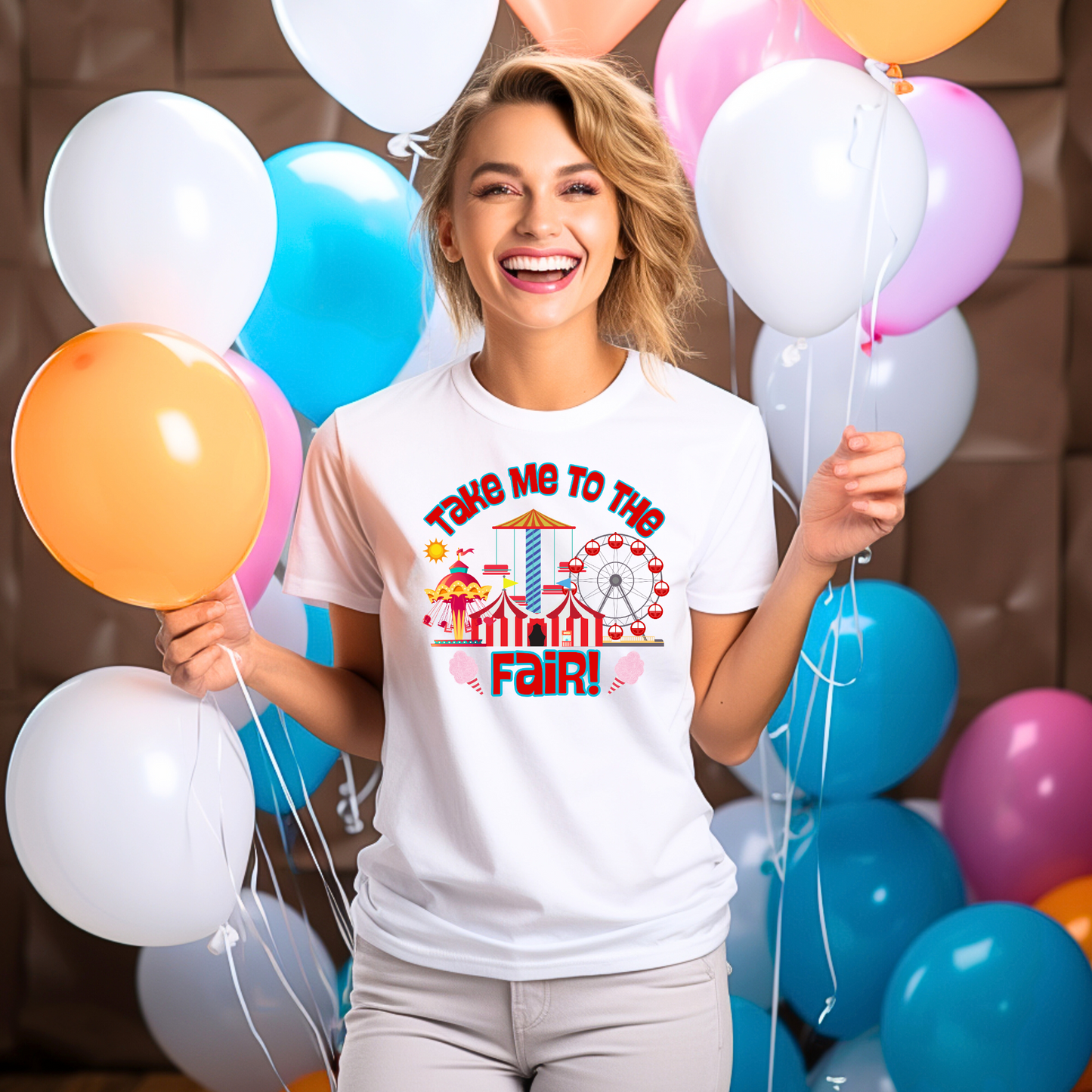 Take Me to the Fair Shirt, State County Fair T-Shirt, Summertime Festival Tee, Ferris Wheel Big Tex Cotton Candy, Iowa Texas Minnesota Fair. This tee features a graphic of carnival rides and cotton candy, by jaecrece