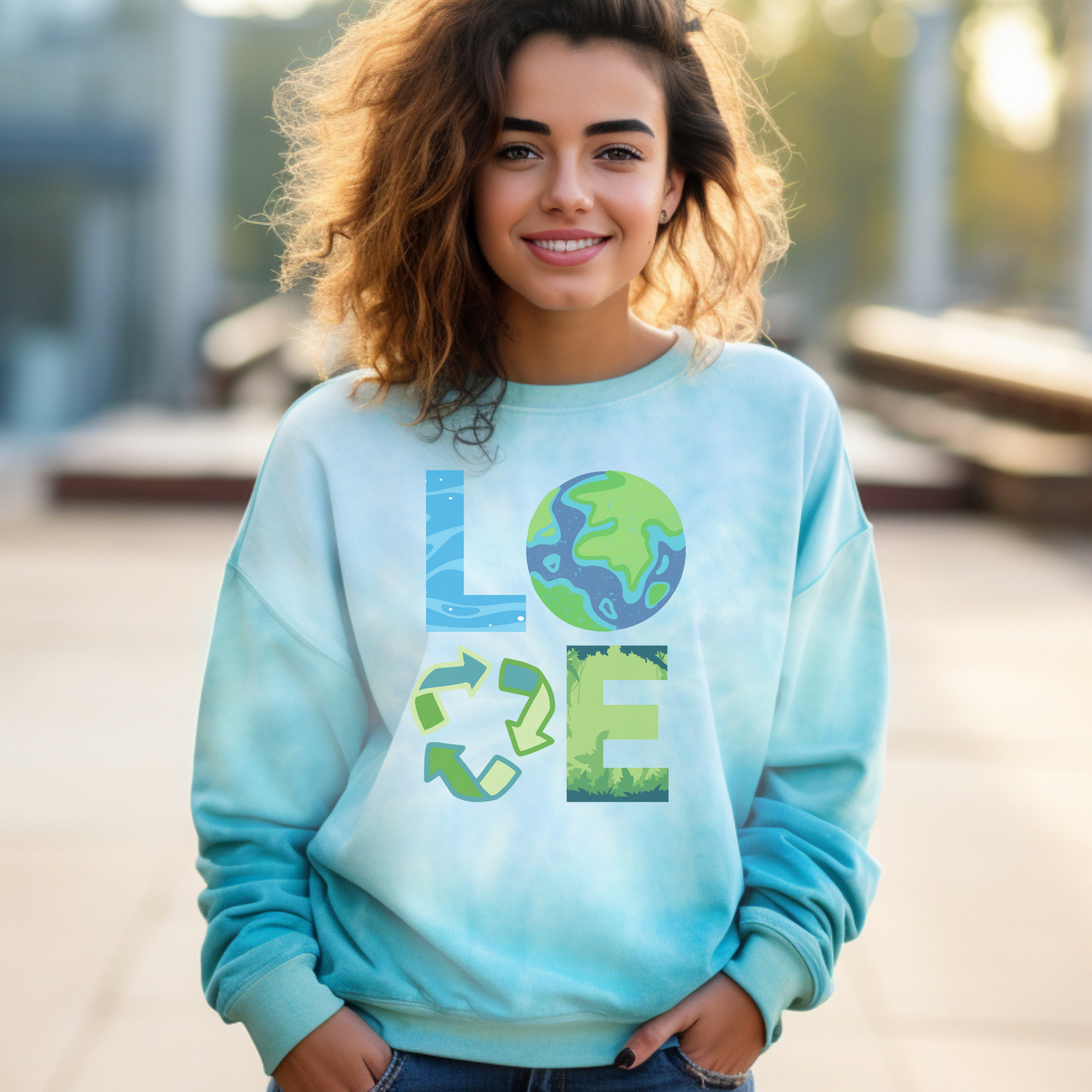 Image: LOVE Earth Blue Tie Dye Sweatshirt, perfect for Earth Day, the letters in LOVE represent our planets oceans, Mother Earth, Reduce, Reuse Recycle, and our plants and trees. This graphic is printed on a blue tie dye crewneck sweatshirt, by jaecrece