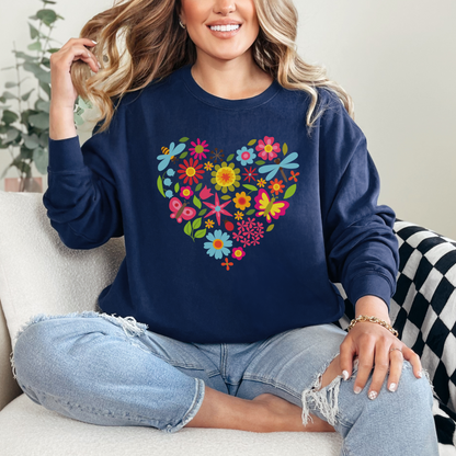 Image: Butterfly Heart Sweatshirt. This botanical pullover sweater is printed on a Comfort Colors©️ 1566 top, has a nature theme graphic of botanical flowers, honeybees, dragonflies, leaves. A romantic Valentine gift or Earth Day outfit, by jaecrece