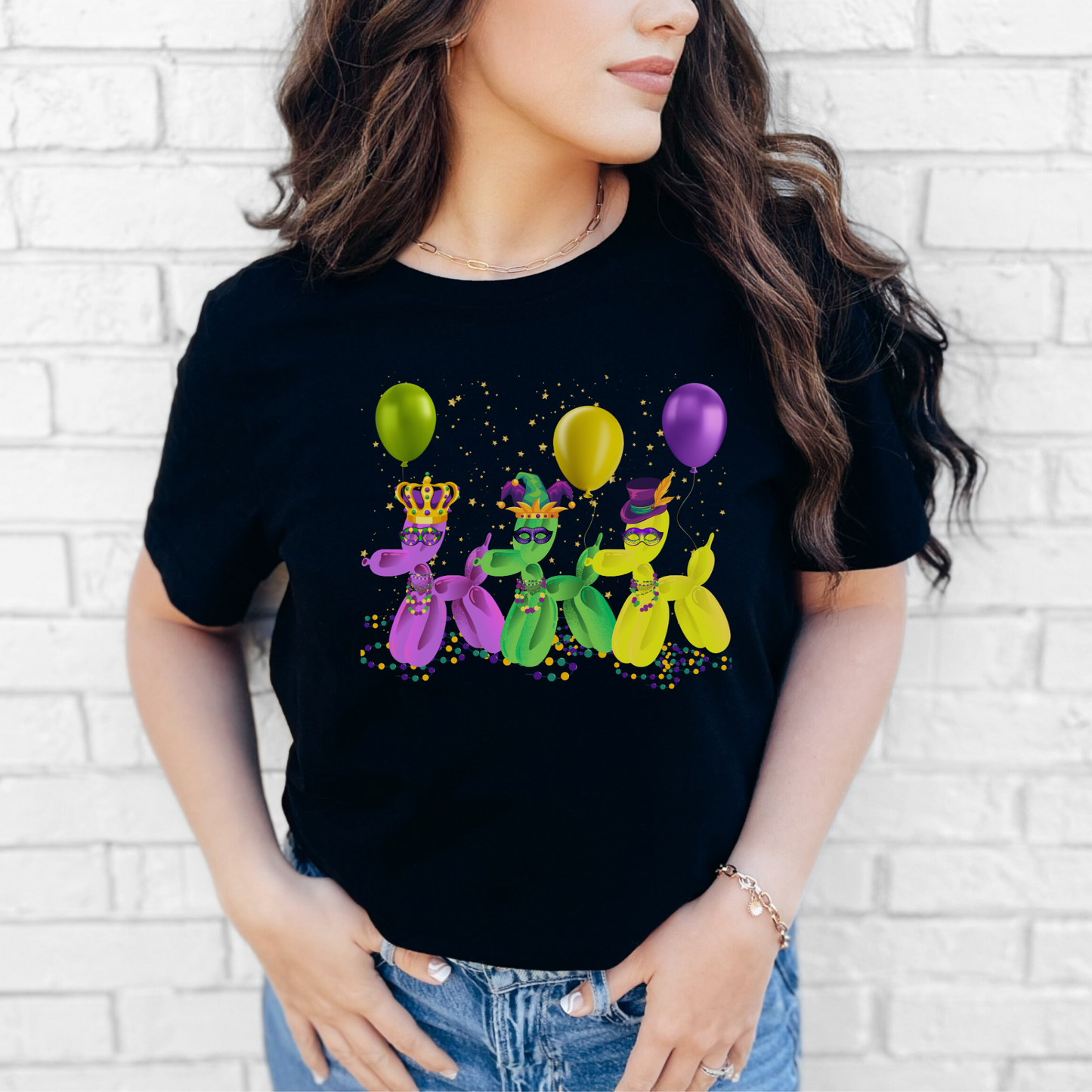 Image: Mardi Gras Balloon Dog Adult Shirt. This New Orleans Carnival tee features three balloons dogs, wearing Mardi Gras masks and hats. They have beads and balloons with confetti, by jaecrece