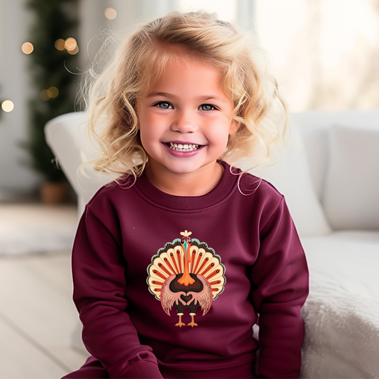 Image: Turkey Day Sweatshirt in Child Sizes. This Thanksgiving Day crewneck Sweater features a large Turkey making the love sign with his hands. This kids cozy pullover makes a perfect gift or Turkey Trot outfit, by jaecrece