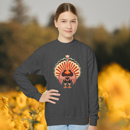 Image: Turkey Day Sweatshirt in Child Sizes. This Thanksgiving Day crewneck Sweater features a large Turkey making the love sign with his hands. This kids cozy pullover makes a perfect gift or Turkey Trot outfit, by jaecrece