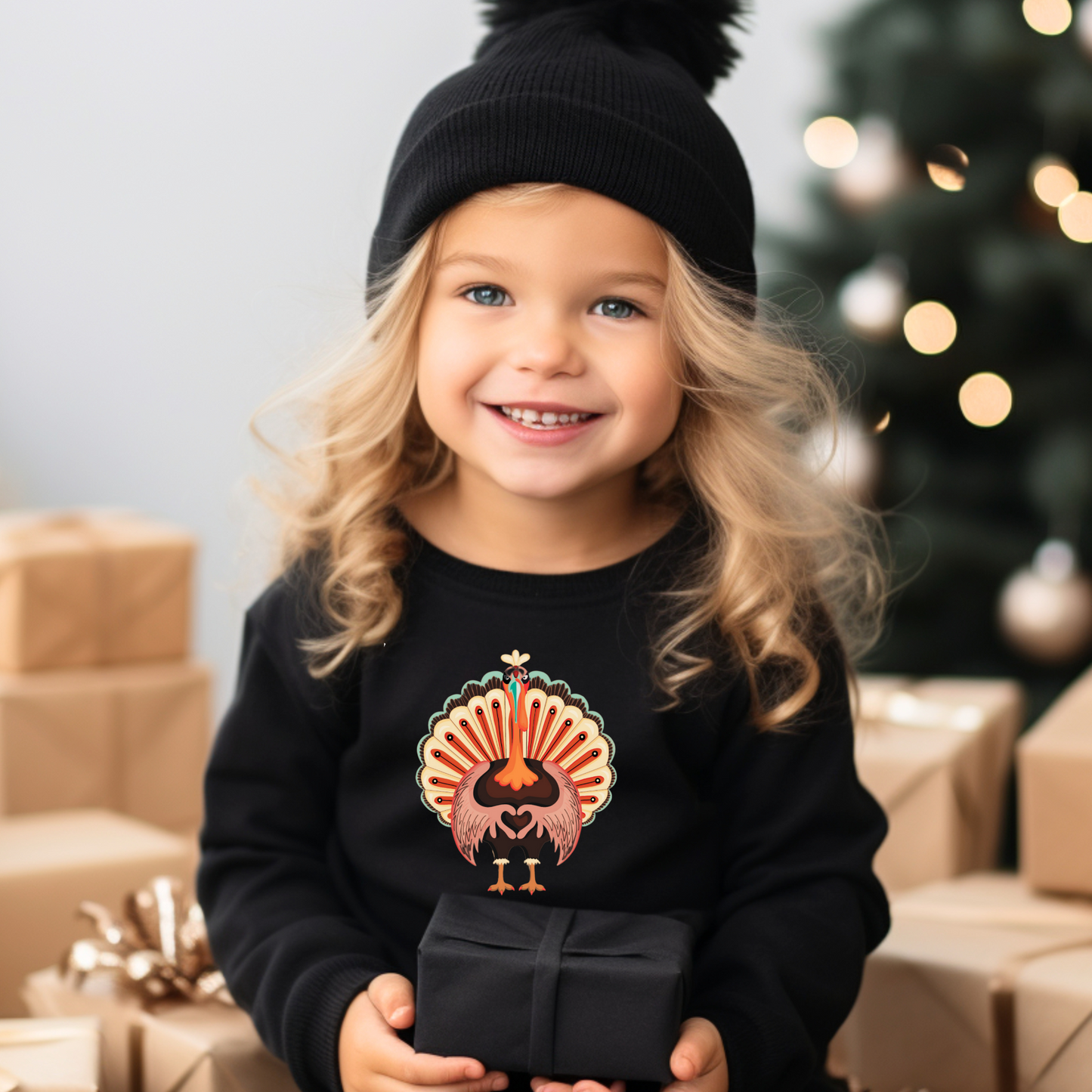 Image: Turkey Day Sweatshirt in Child Sizes. This Thanksgiving Day crewneck Sweater features a large Turkey making the love sign with his hands. This kids cozy pullover makes a perfect gift or Turkey Trot outfit, by jaecrece