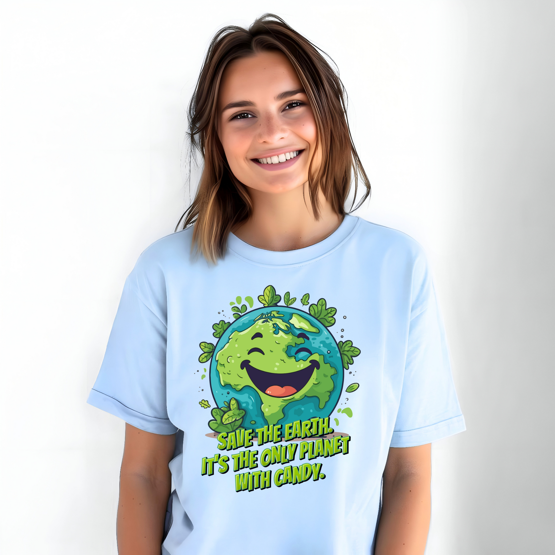 Image: Earth Day tee adult unisex crewneck shirt with large cartoon smiling planet earth, with water and leaves. Text reads Save the Earth! Its the only planet with candy! Makes a great gift and reminder to save our planet, by jaecrece