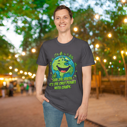 Image: Earth Day tee adult unisex crewneck shirt with large cartoon smiling planet earth, with water and leaves. Text reads Save the Earth! Its the only planet with candy! Makes a great gift and reminder to save our planet, by jaecrece