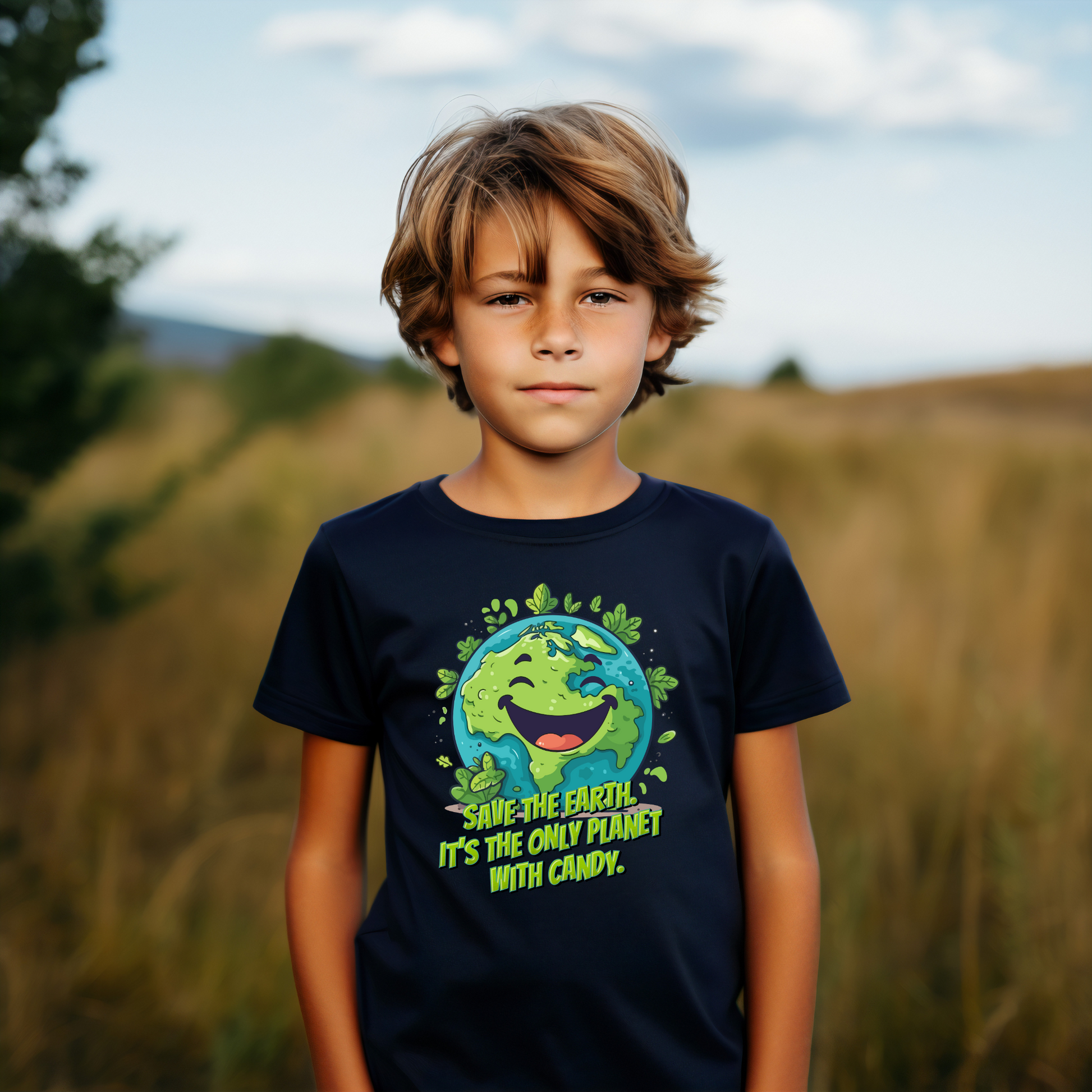 Image: Earth Day tee, navy blue youth unisex crewneck shirt with large cartoon smiling planet earth, with water and leaves. Text reads Save the Earth! Its the only planet with candy! Makes a great gift and reminder to save our planet, by jaecrece