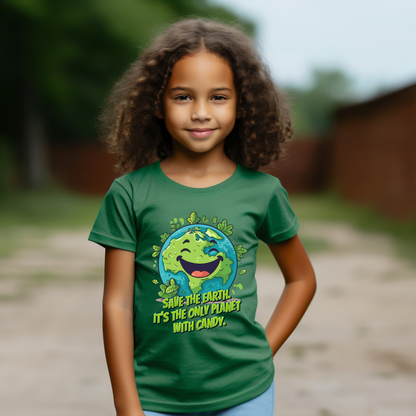 Image: Earth Day tee, green youth unisex crewneck shirt with large cartoon smiling planet earth, with water and leaves. Text reads Save the Earth! Its the only planet with candy! Makes a great gift and reminder to save our planet, by jaecrece